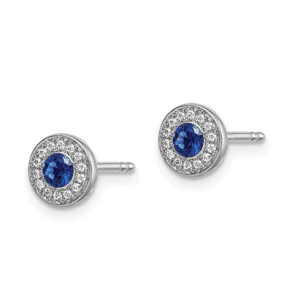 14k White Gold Real Diamond and Blue Sapphire Halo Post Earrings