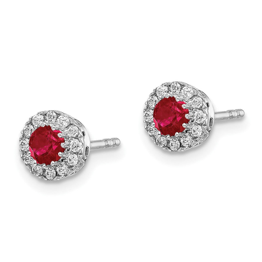 14k White Gold Real Diamond and Ruby Halo Post Earrings