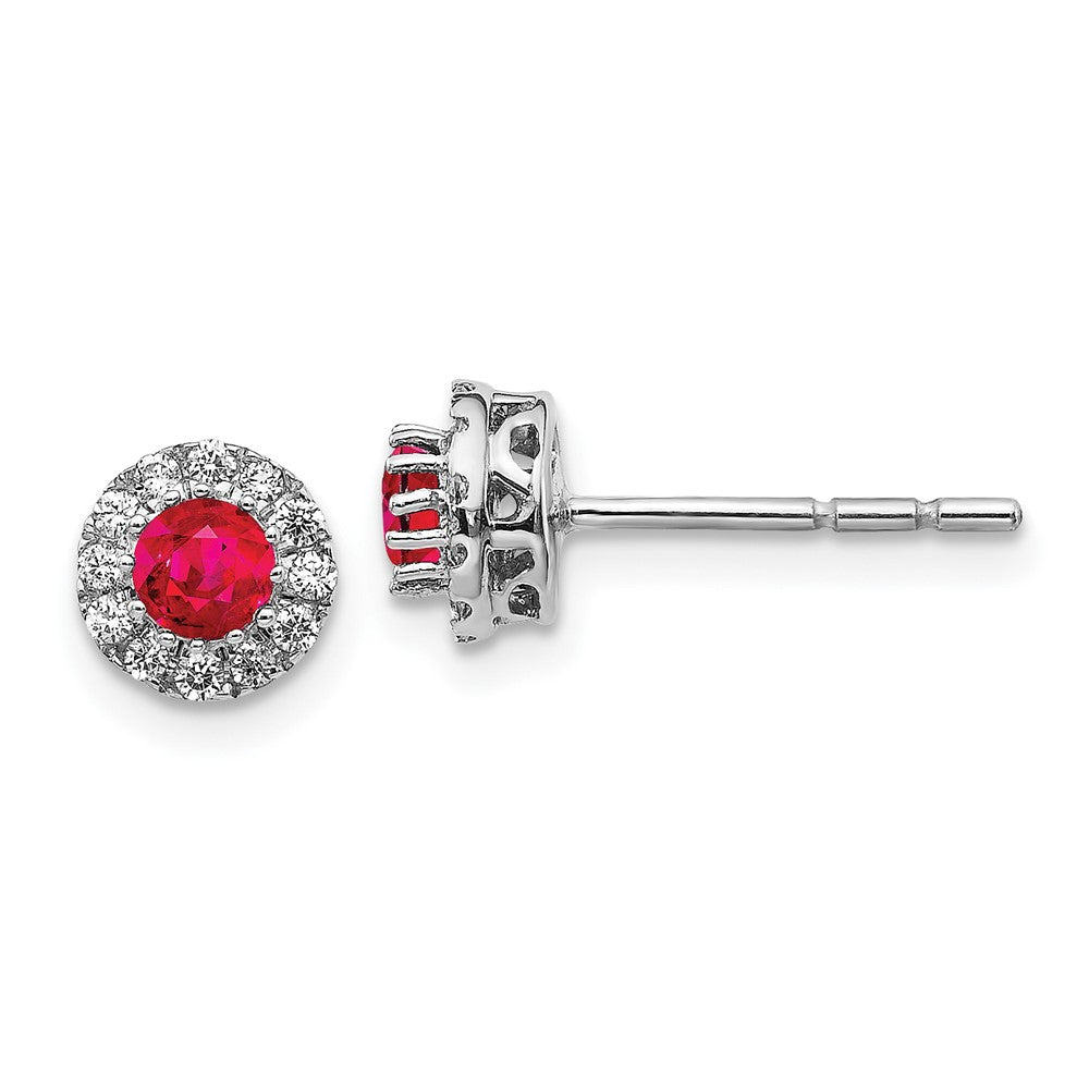 14k White Gold Real Diamond and Ruby Halo Post Earrings