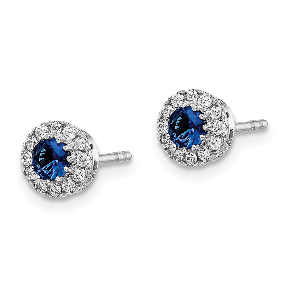 Solid 14k White Gold Simulated CZ and Blue Sapphire Halo Post Earrings