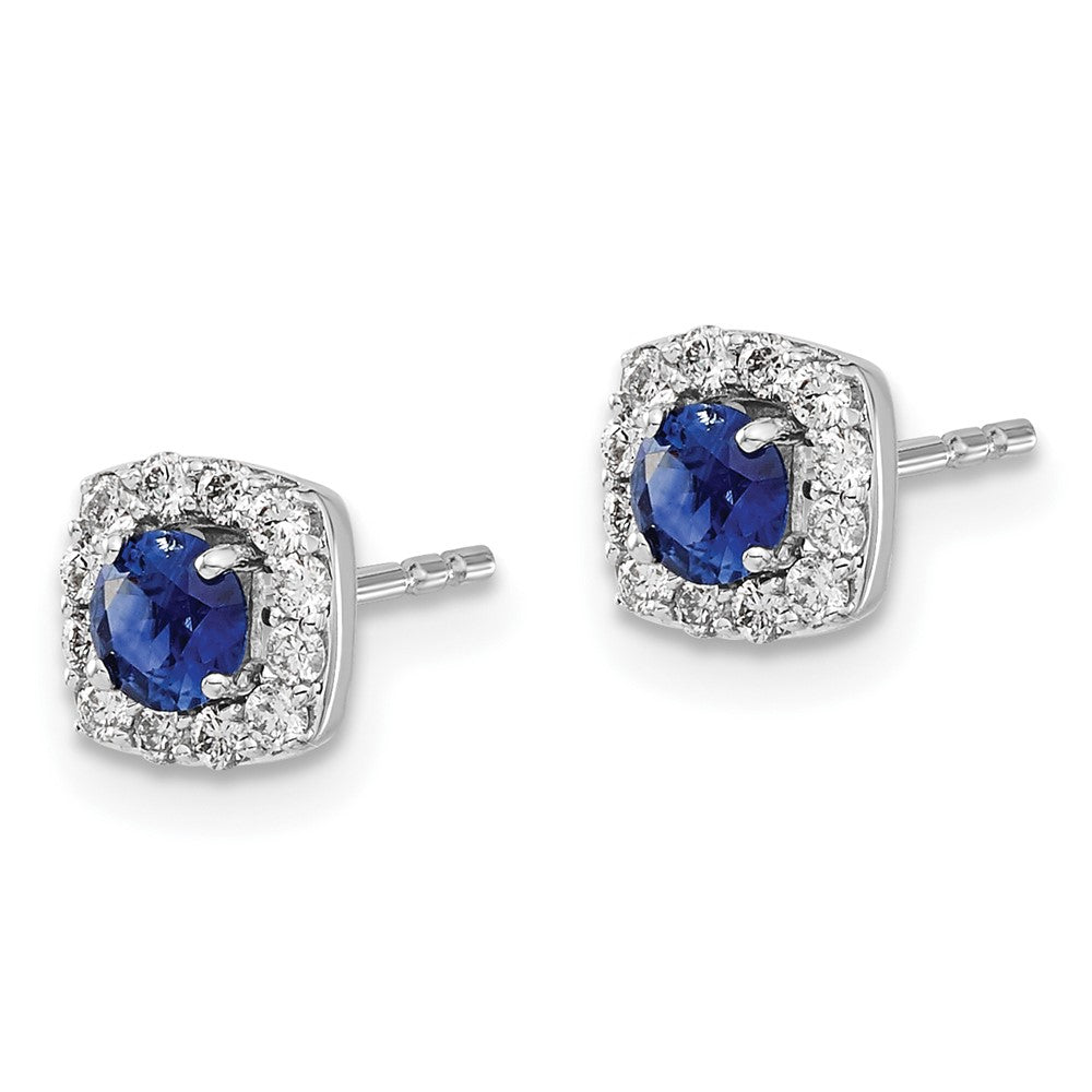 14k White Gold Real Diamond and Sapphire Square Halo Earrings