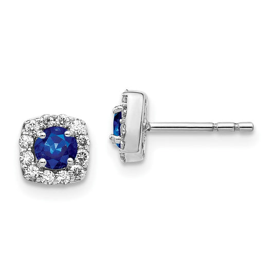 Solid 14k White Gold Simulated CZ and Sapphire Square Halo Earrings