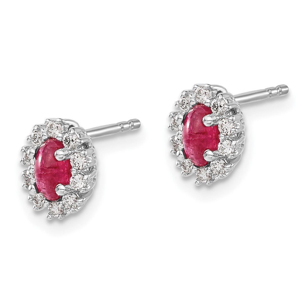 14k White Gold Real Diamond and Ruby Oval Halo Earrings