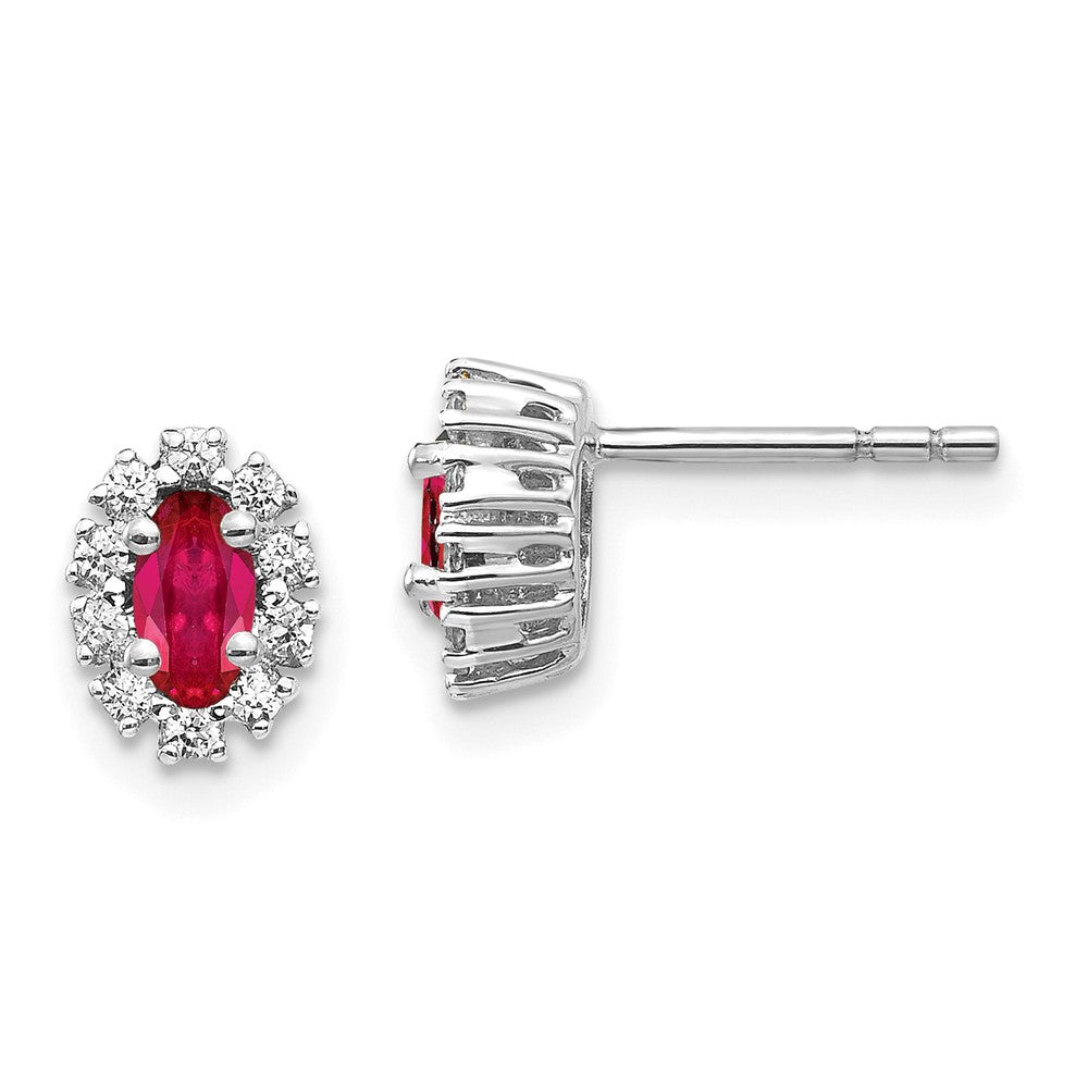 14k White Gold Real Diamond and Ruby Oval Halo Earrings