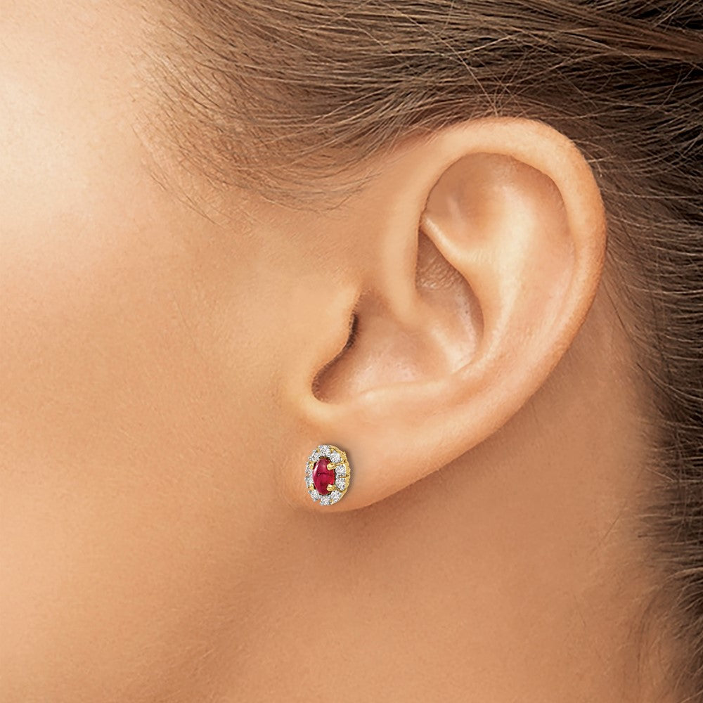 14k Yellow Gold Real Diamond and Ruby Oval Halo Earrings