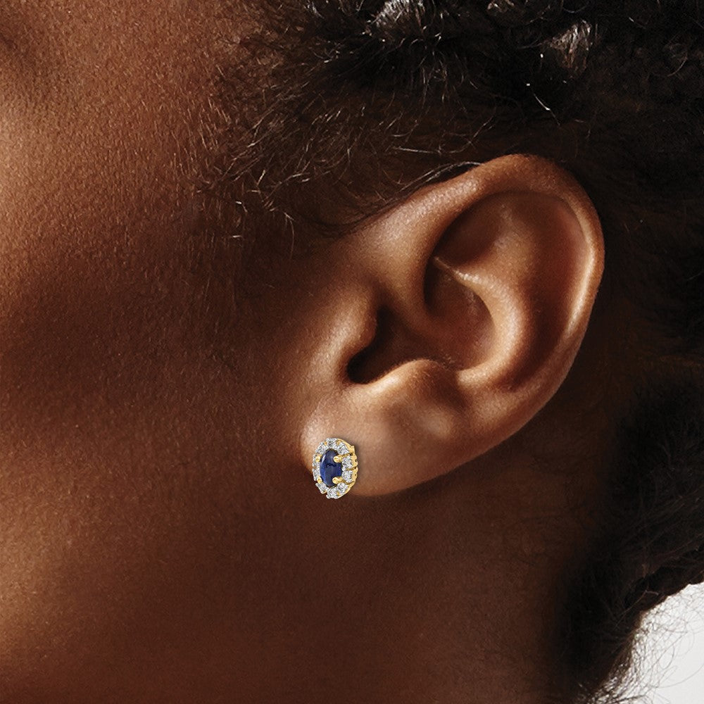 Solid 14k Yellow Gold Simulated CZ and Sapphire Oval Halo Earrings