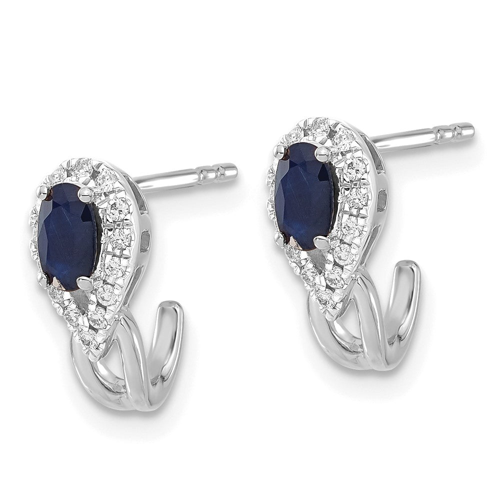 14k White Gold Real Diamond and Sapphire J Hoop Post Earrings