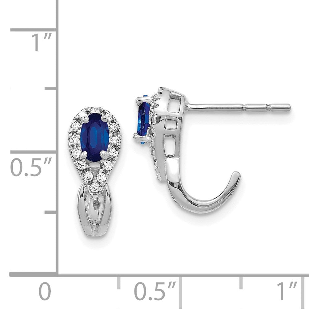 14k White Gold Real Diamond and Sapphire J Hoop Post Earrings