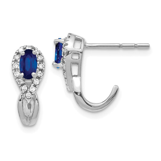 14k White Gold Real Diamond and Sapphire J Hoop Post Earrings