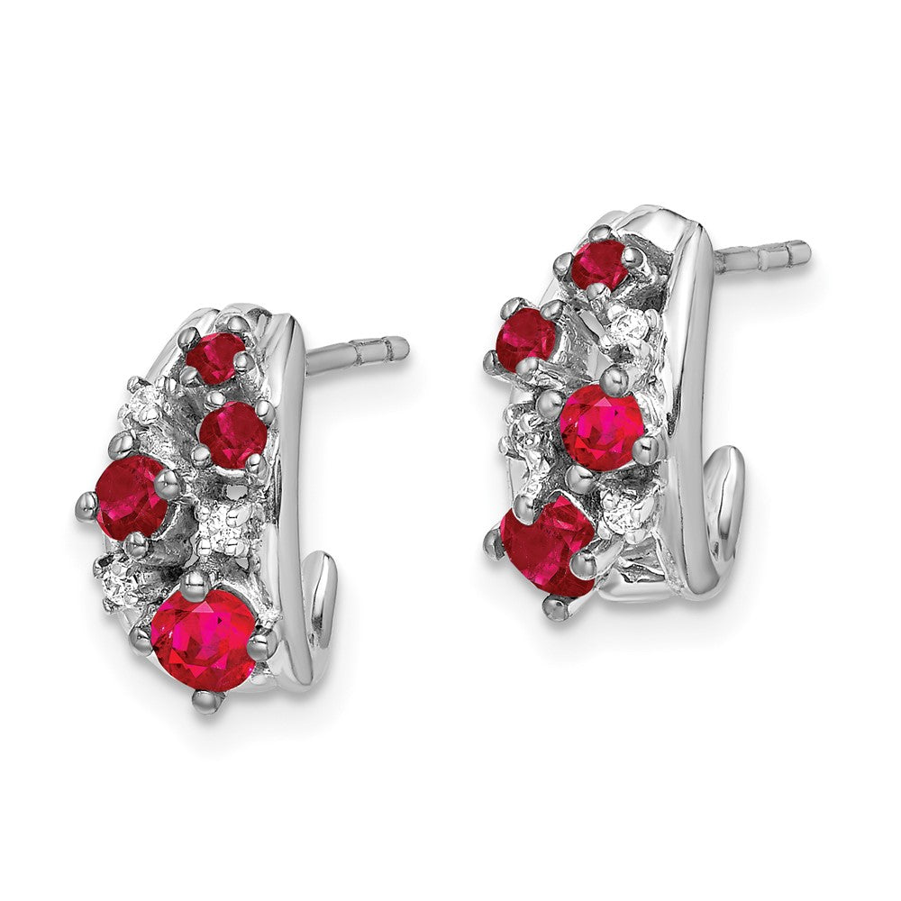 14k White Gold Real Diamond and Ruby Polished Post Hoop Earrings