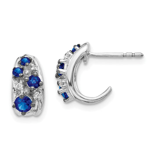 14k White Gold Real Diamond and Sapphire Polished Post Hoop Earrings