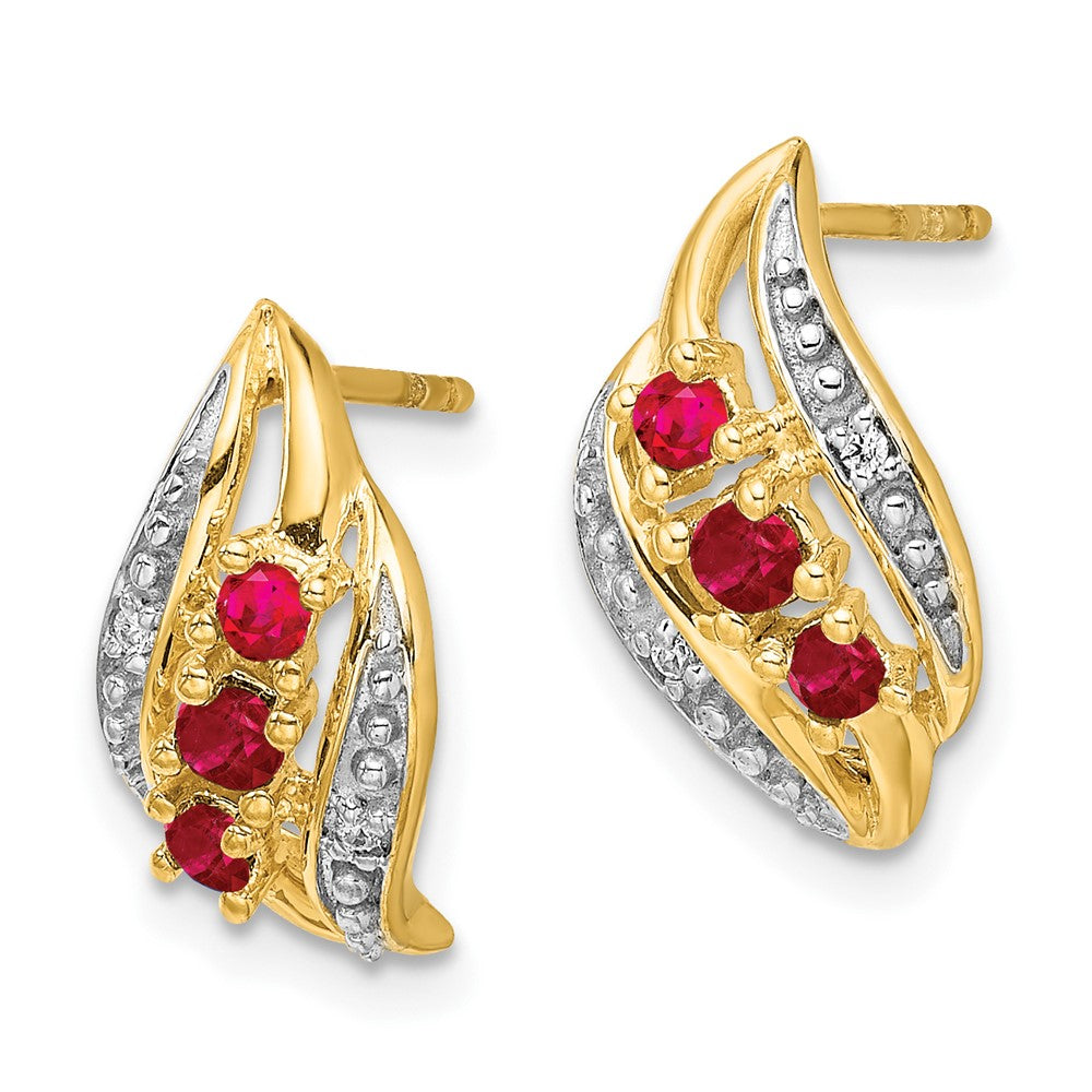 Solid 14k Yellow Gold w/ Siam Simulated Ruby and CZ Polished Post Earrings