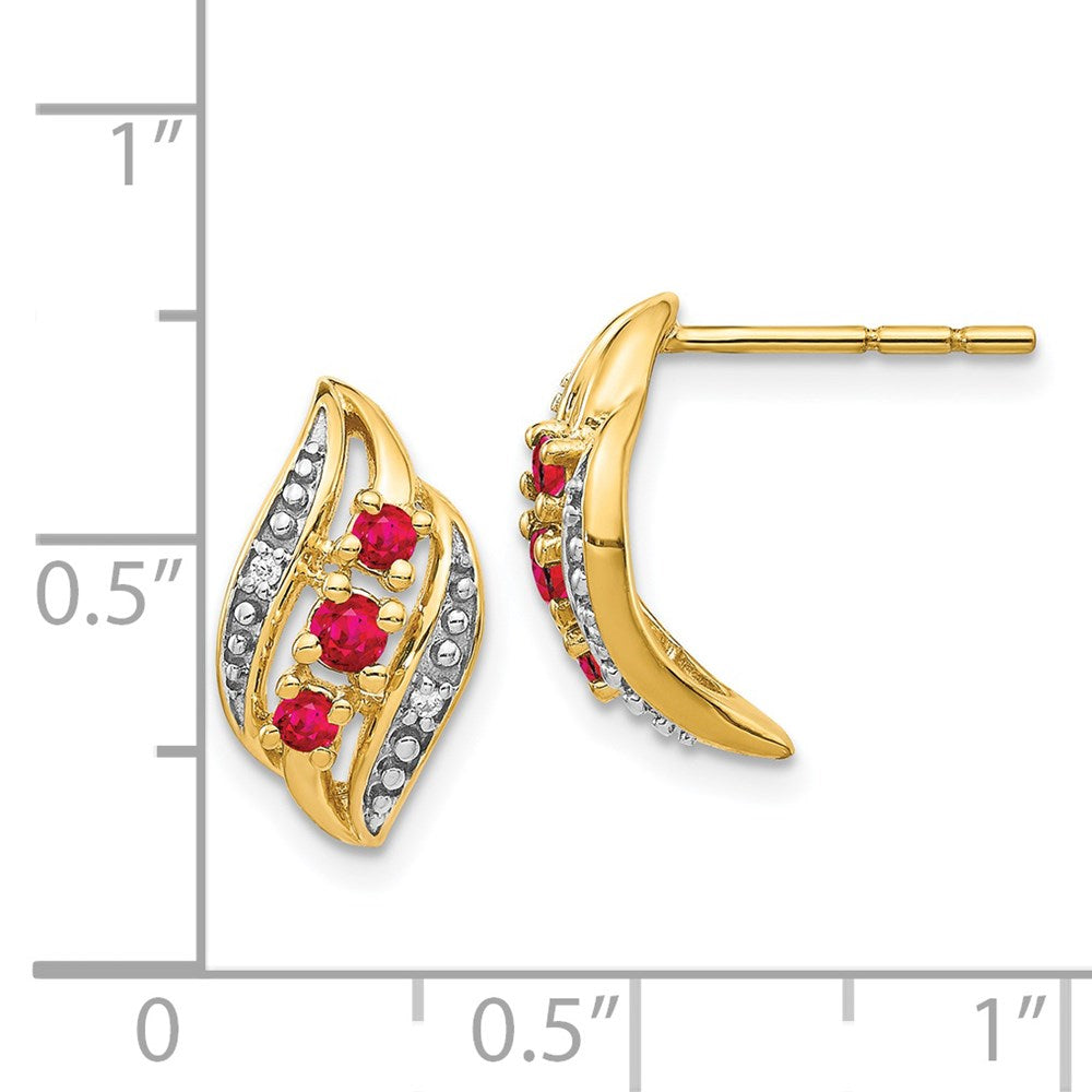 Solid 14k Yellow Gold w/ Siam Simulated Ruby and CZ Polished Post Earrings