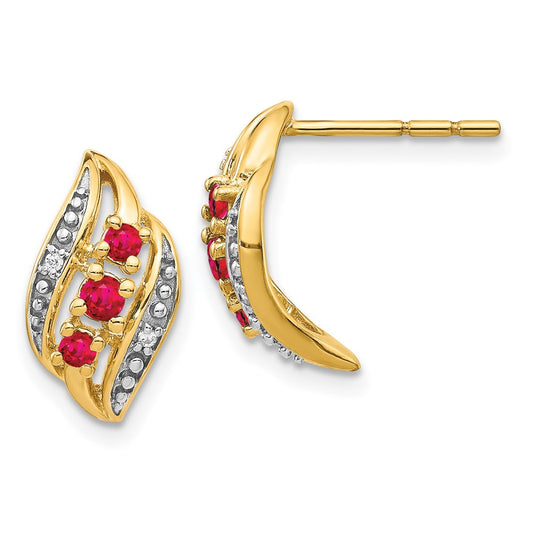 Solid 14k Yellow Gold w/ Siam Simulated Ruby and CZ Polished Post Earrings