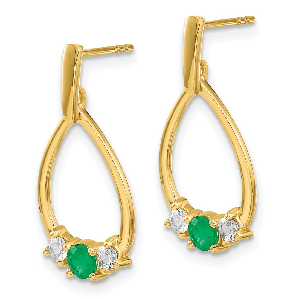 Solid 14k Yellow Gold Simulated Emerald and White Sapphire Post Dangle Earrings