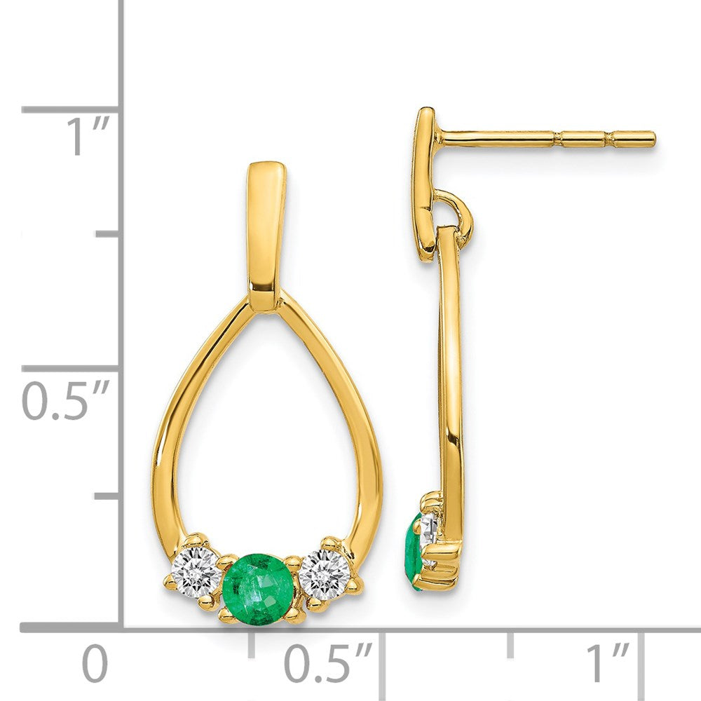 Solid 14k Yellow Gold Simulated Emerald and White Sapphire Post Dangle Earrings