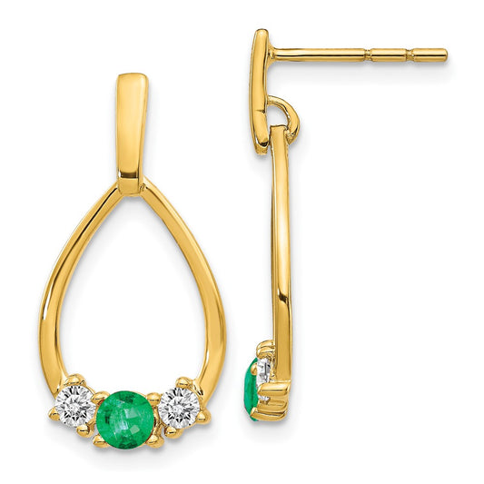 Solid 14k Yellow Gold Simulated Emerald and White Sapphire Post Dangle Earrings