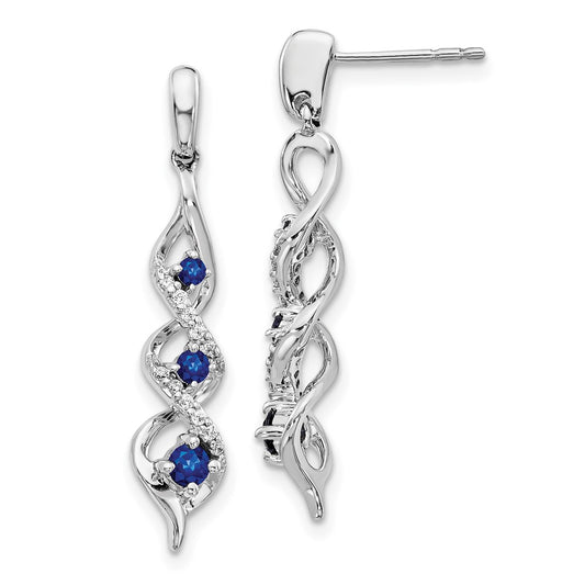 14k White Gold Real Diamond and Blue Sapphire Post Dangle Earrings