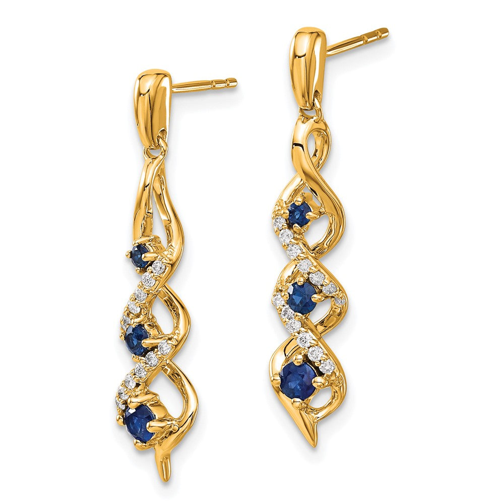 14k Yellow Gold Real Diamond and Blue Sapphire Post Dangle Earrings