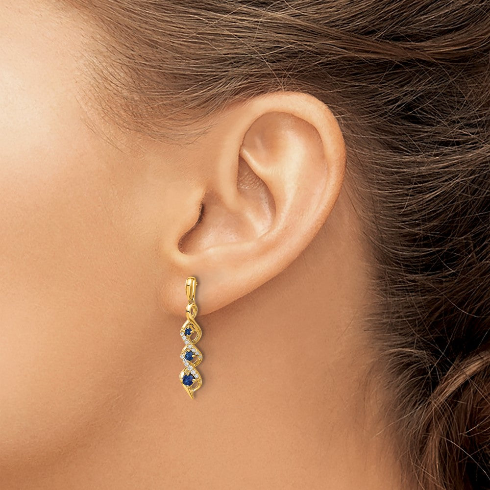 Solid 14k Yellow Gold Simulated CZ and Blue Sapphire Post Dangle Earrings