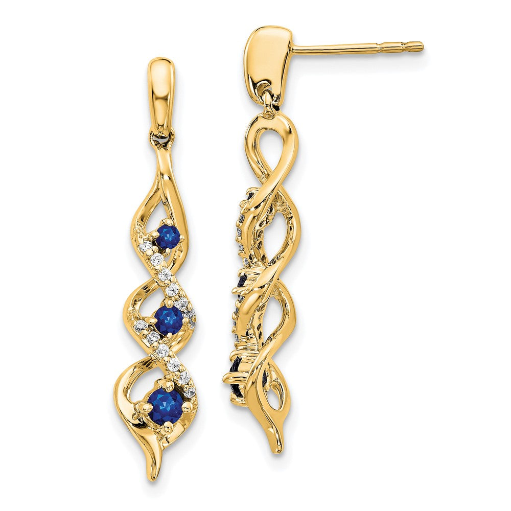 14k Yellow Gold Real Diamond and Blue Sapphire Post Dangle Earrings