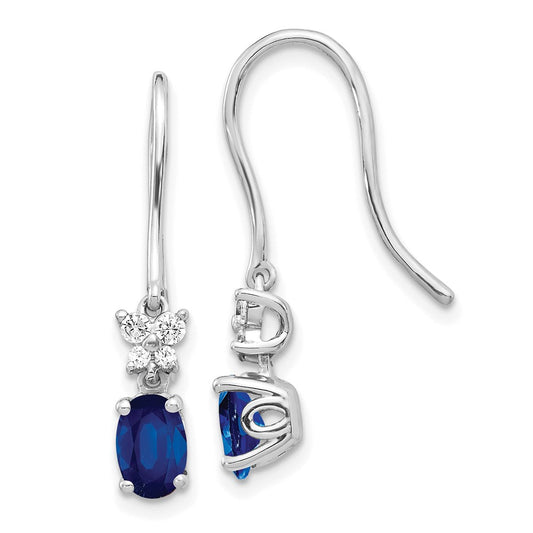 14k White Gold Real Diamond and Oval Sapphire Shepherd Hook Earrings