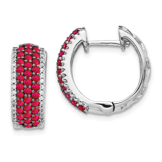 14k White Gold Real Diamond and Ruby Hinged Hoop Earrings