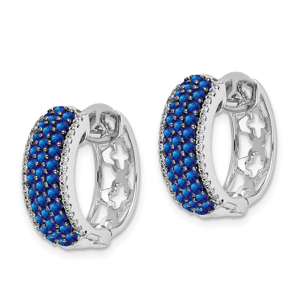 Solid 14k White Gold Simulated CZ and Sapphire Hinged Hoop Earrings