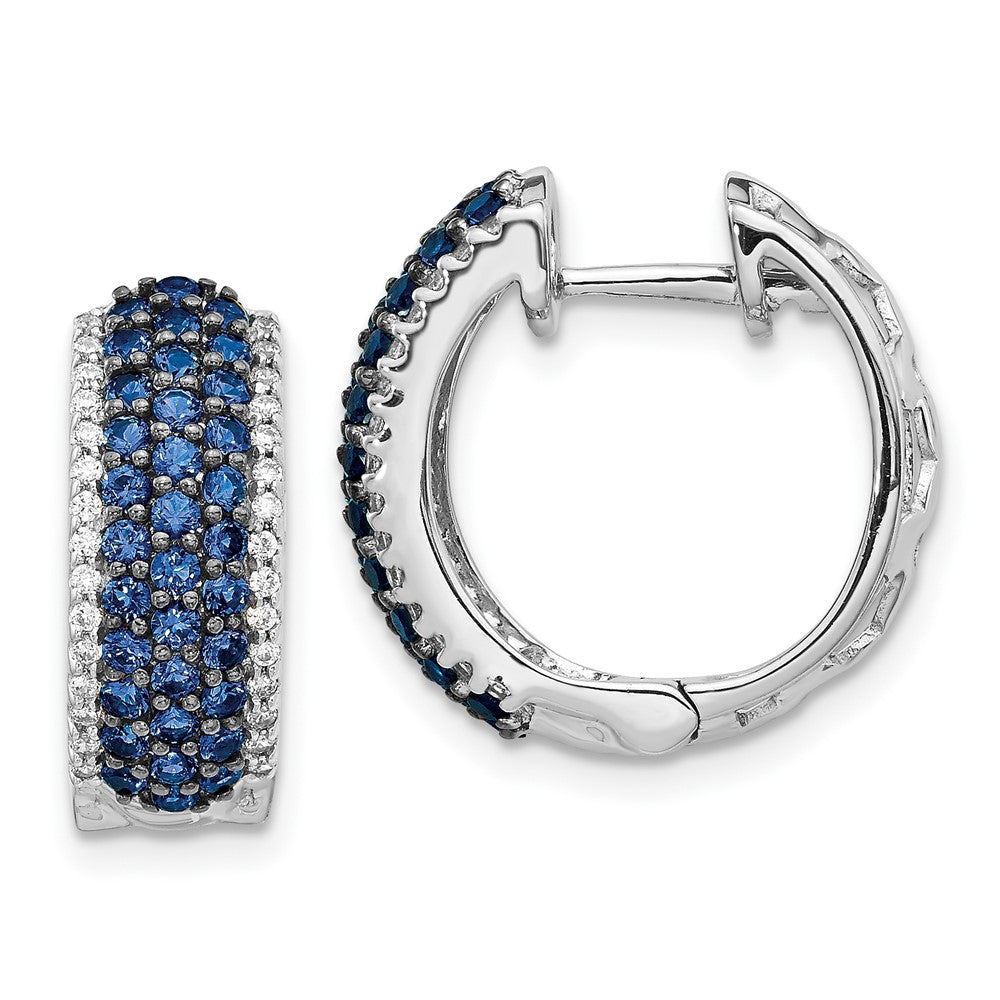 Solid 14k White Gold Simulated CZ and Sapphire Hinged Hoop Earrings