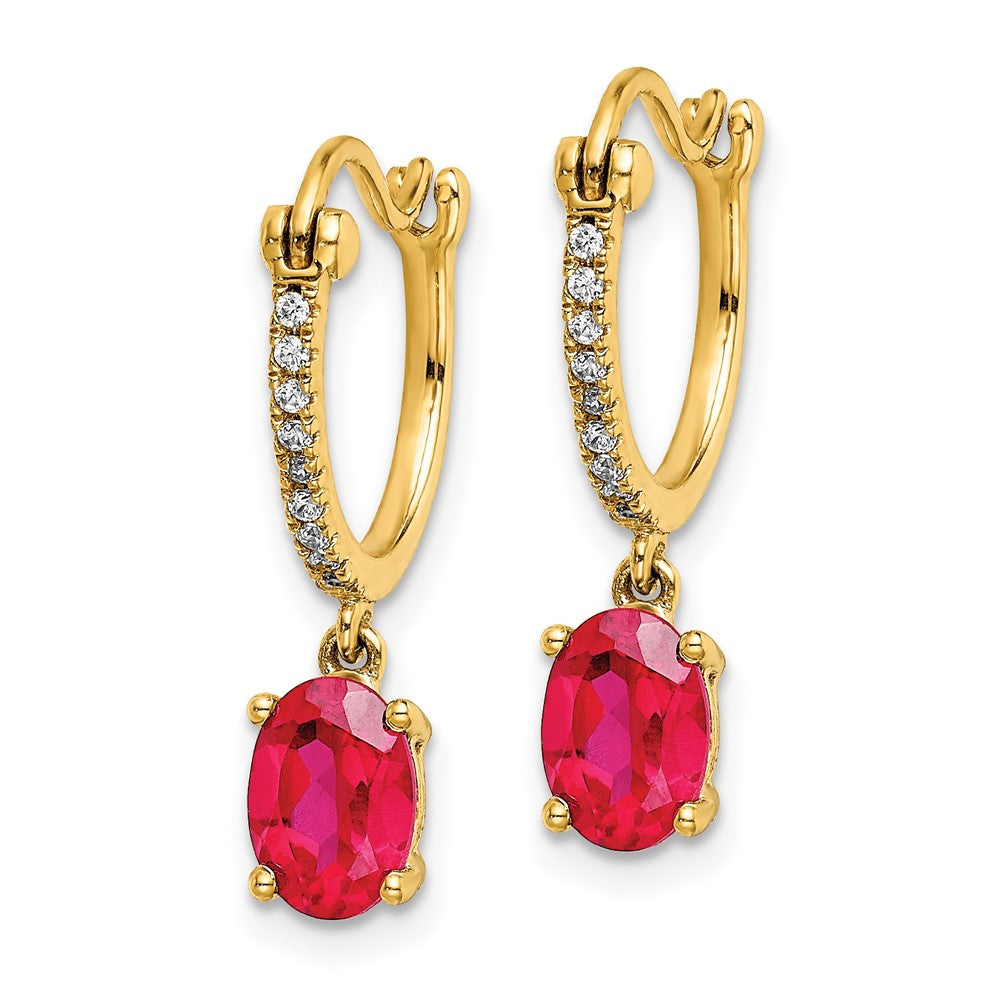 14k Yellow Gold 1/10ct Real Diamond and Ruby Dangle Hoop Earrings