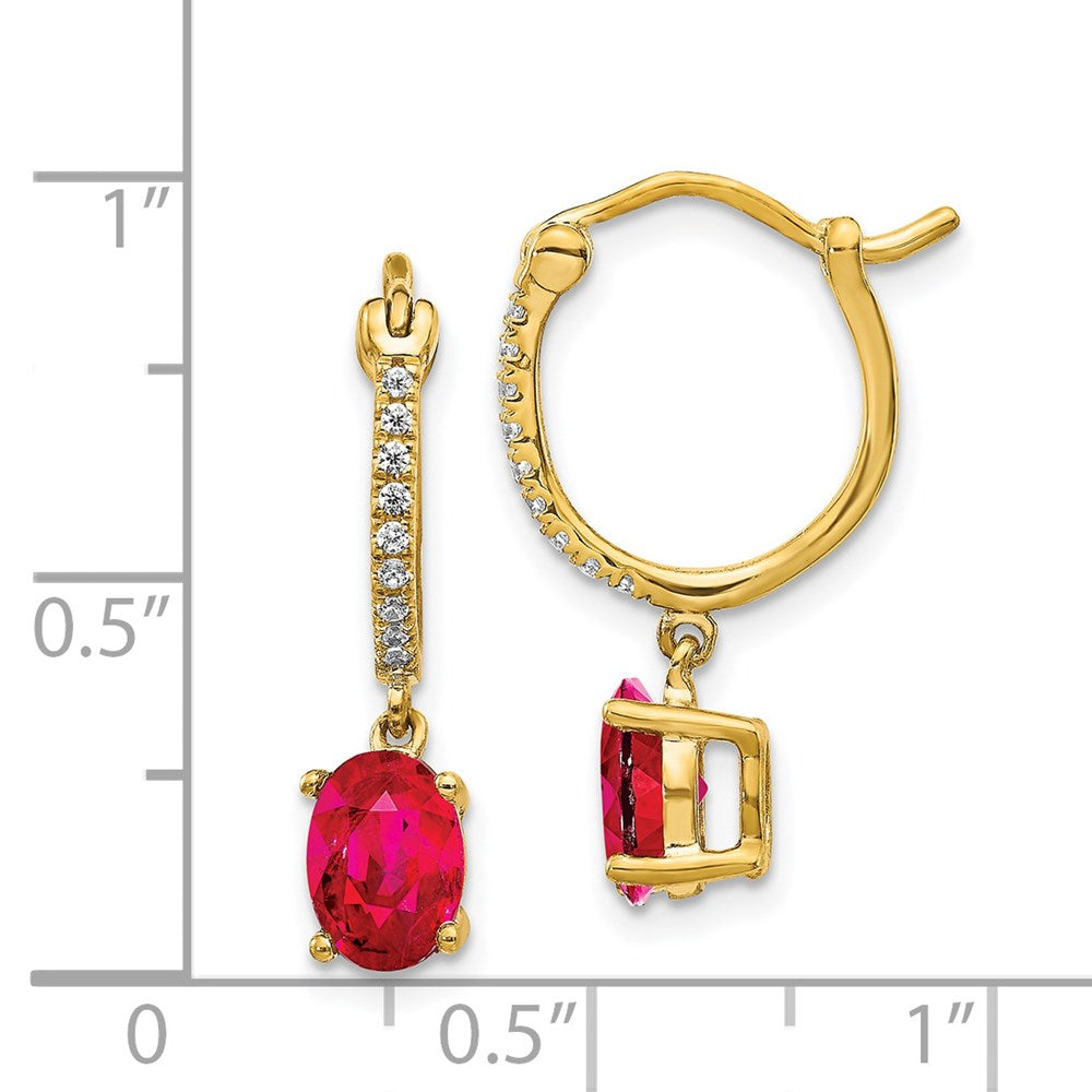 14k Yellow Gold 1/10ct Real Diamond and Ruby Dangle Hoop Earrings