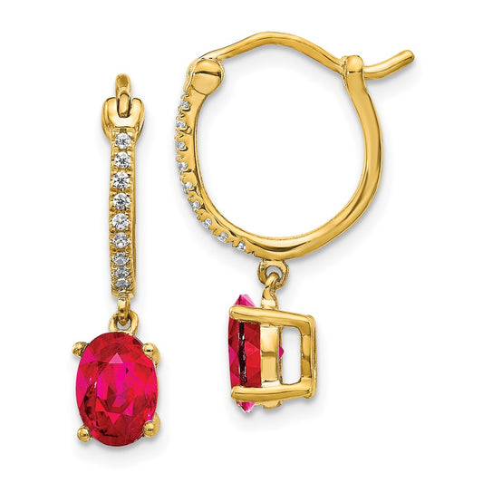 Solid 14k Yellow Gold 1/10ct Simulated CZ and Ruby Dangle Hoop Earrings