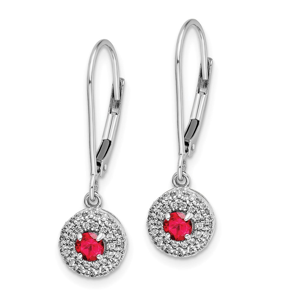 14k White Gold Real Diamond Halo Ruby Leverback Dangle Earrings