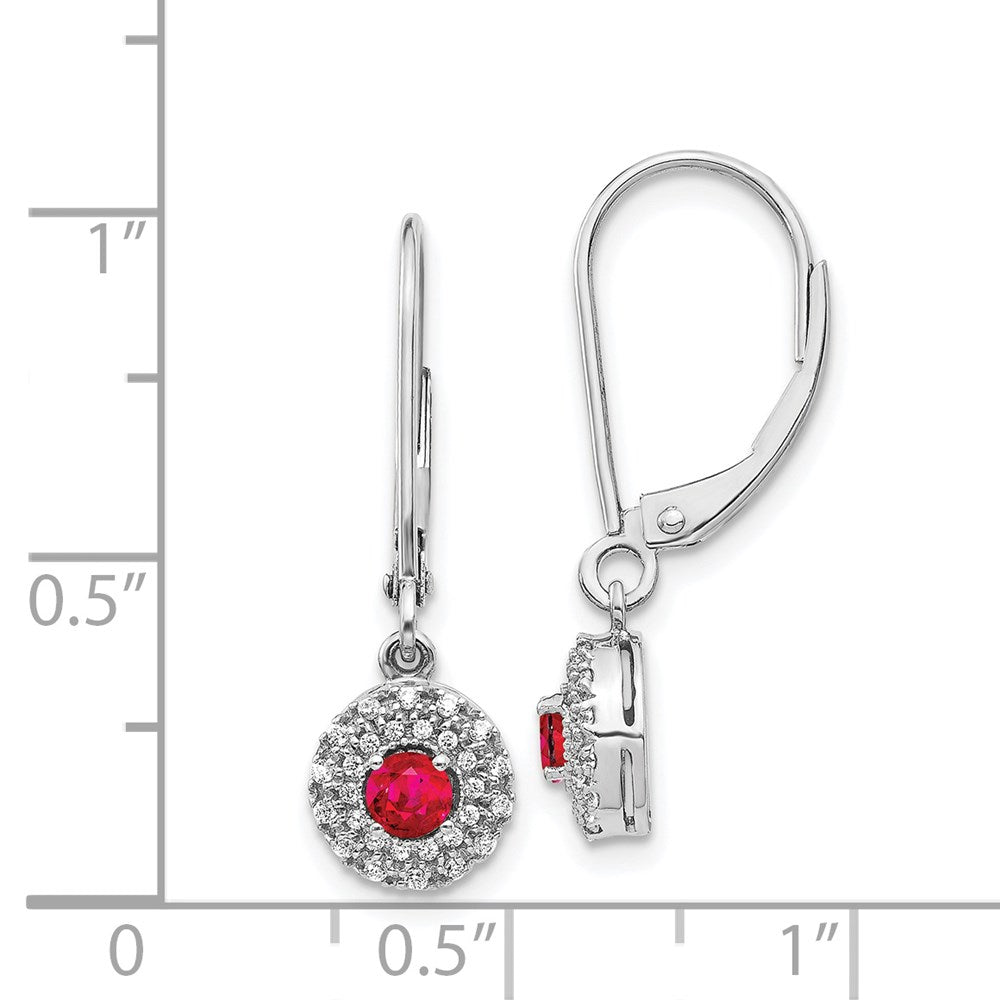 14k White Gold Real Diamond Halo Ruby Leverback Dangle Earrings