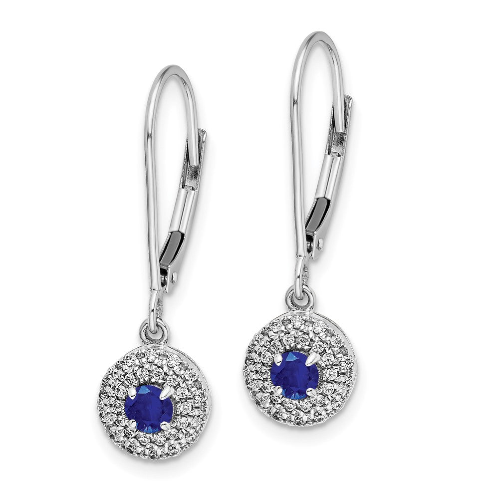 14k White Gold Real Diamond Halo Sapphire Leverback Dangle Earrings