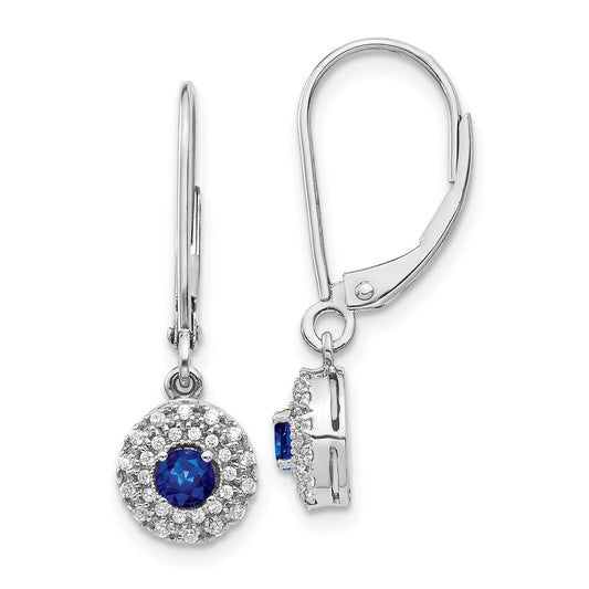 14k White Gold Real Diamond Halo Sapphire Leverback Dangle Earrings