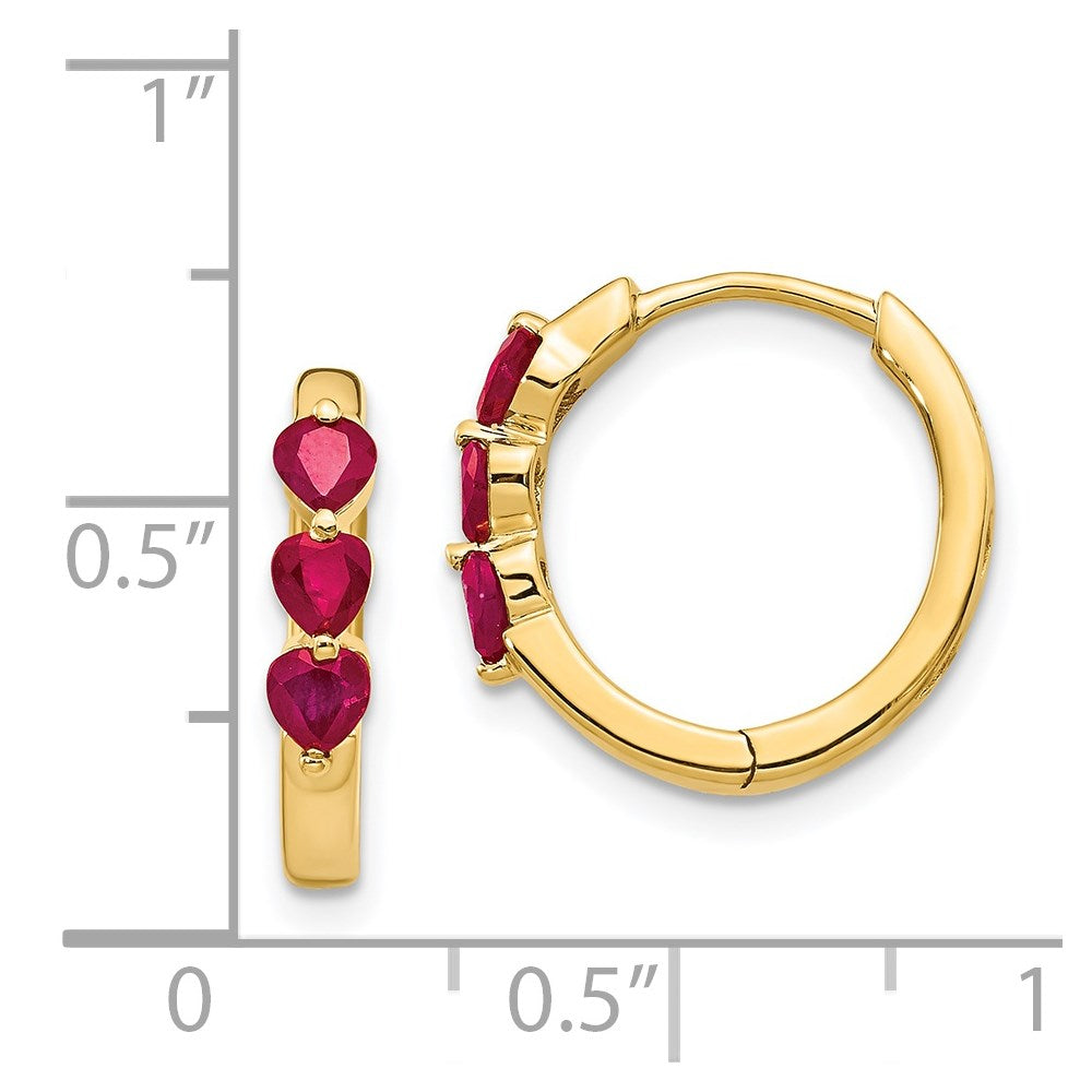 Solid 14k Yellow Gold Created Simulated Ruby Polished Hinged Hoop Earrings