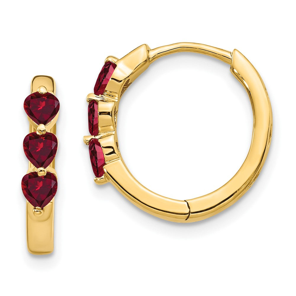 Solid 14k Yellow Gold Created Simulated Ruby Polished Hinged Hoop Earrings