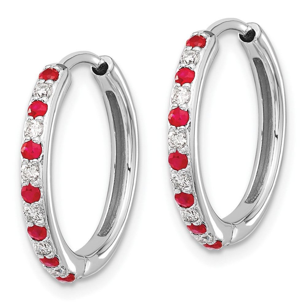 14k White Gold Real Diamond and Ruby Hinged Hoop Earrings