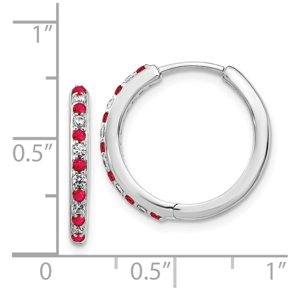 14k White Gold Real Diamond and Ruby Hinged Hoop Earrings