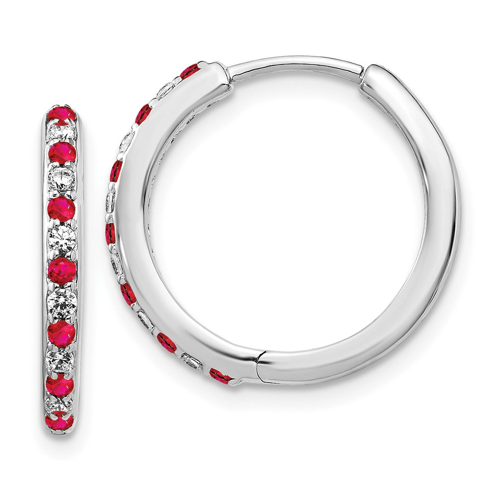 14k White Gold Real Diamond and Ruby Hinged Hoop Earrings