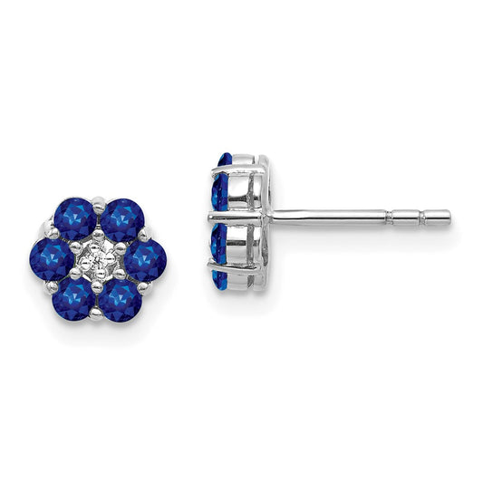 14k White Gold Polished Sapphire and Real Diamond Post Earrings