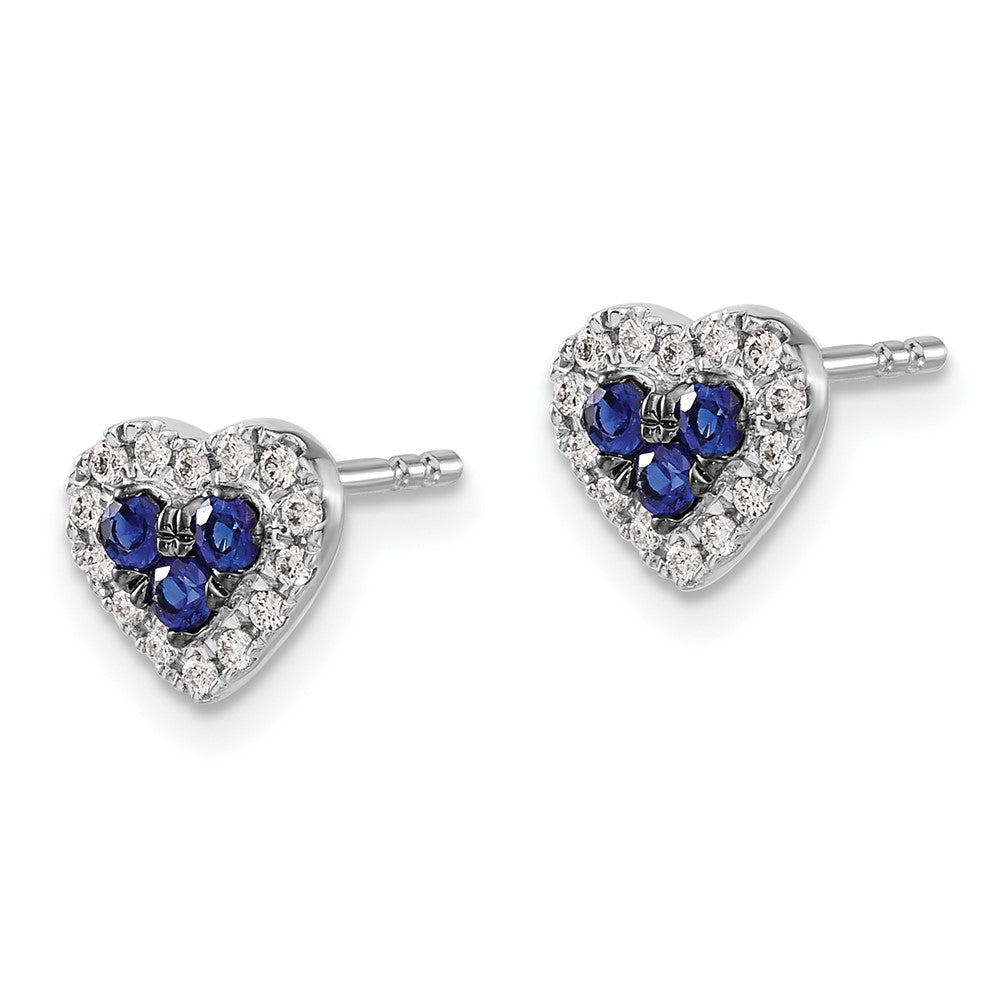 14k White Gold Real Diamond and Sapphire Heart Post Earrings