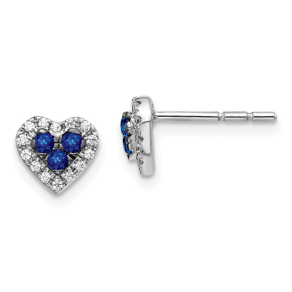 14k White Gold Real Diamond and Sapphire Heart Post Earrings