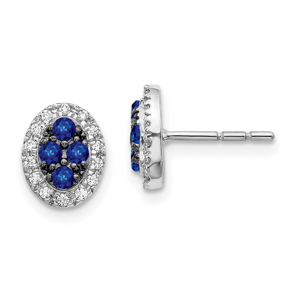 14k White Gold Real Diamond and Sapphire Oval Post Earrings