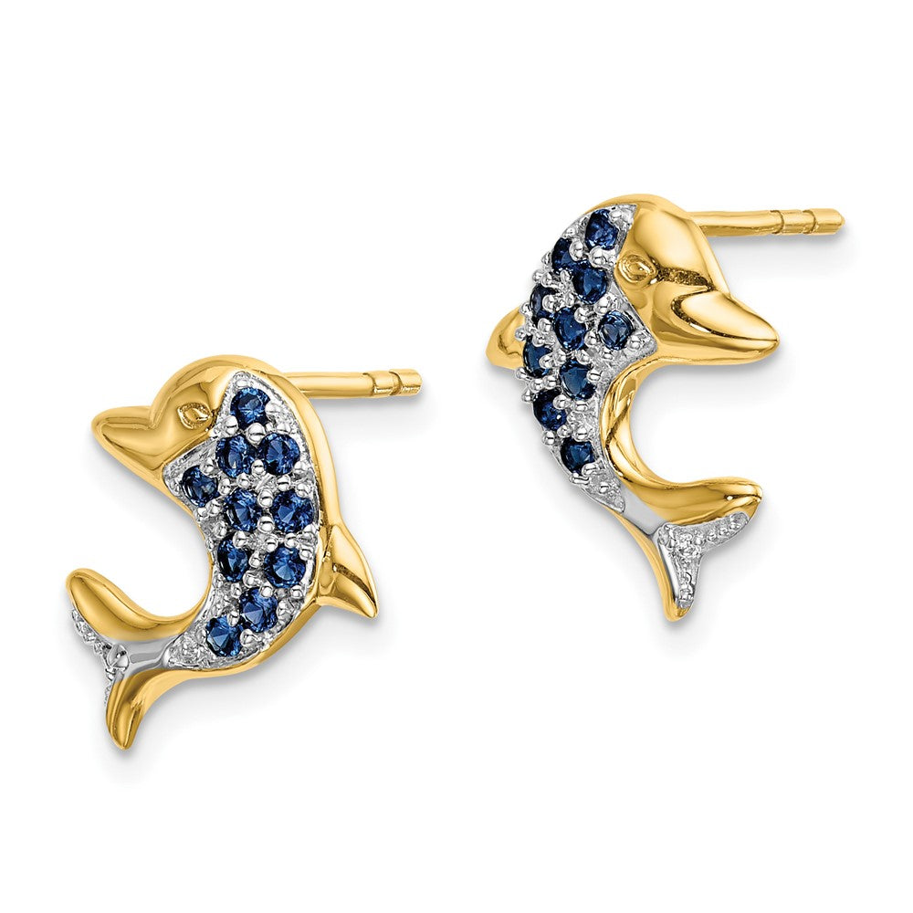 14k Yellow Gold w/Rhodium Marquise Sapphire/Real Diamond Dolphin Post Earrings