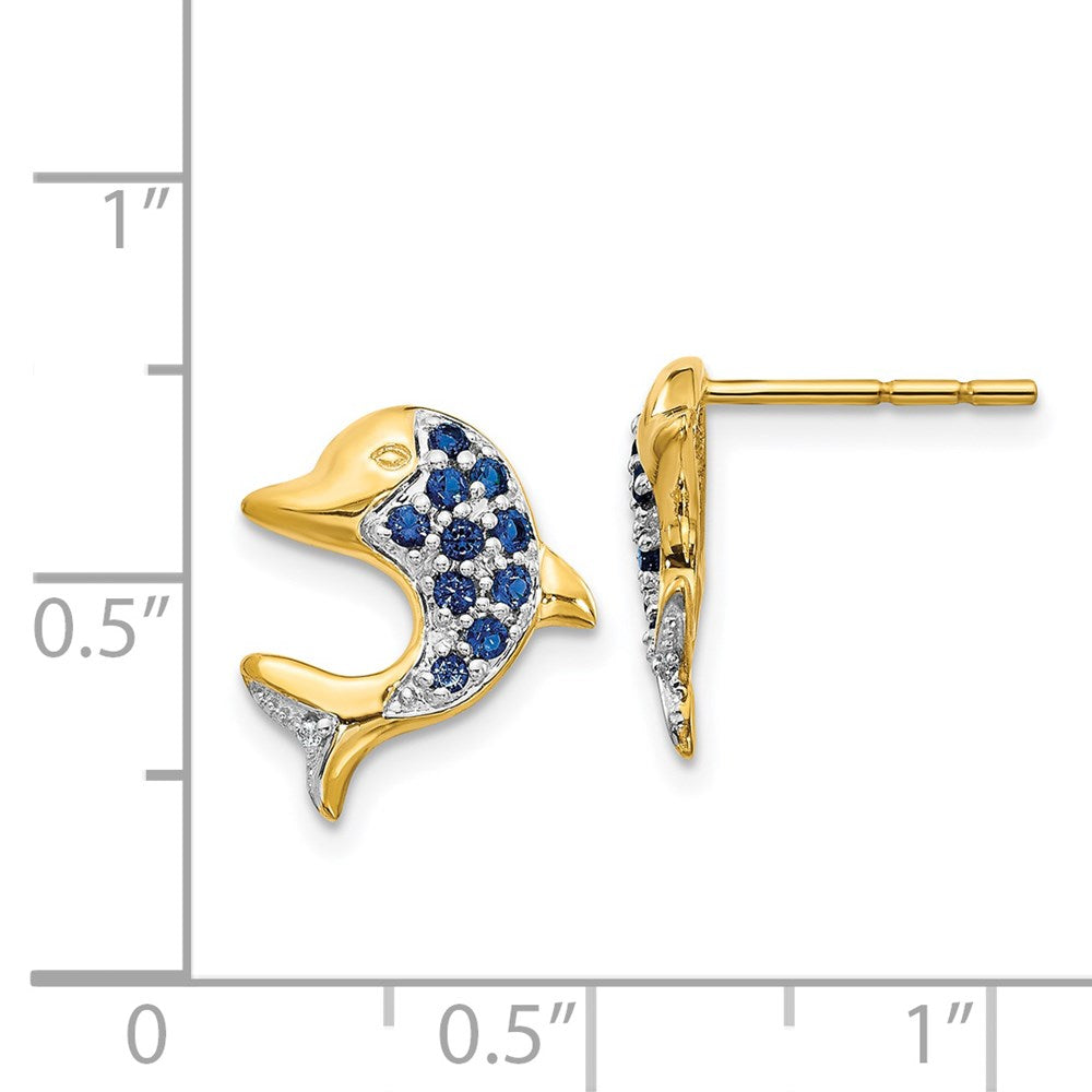 14k Yellow Gold w/Rhodium Marquise Sapphire/Real Diamond Dolphin Post Earrings