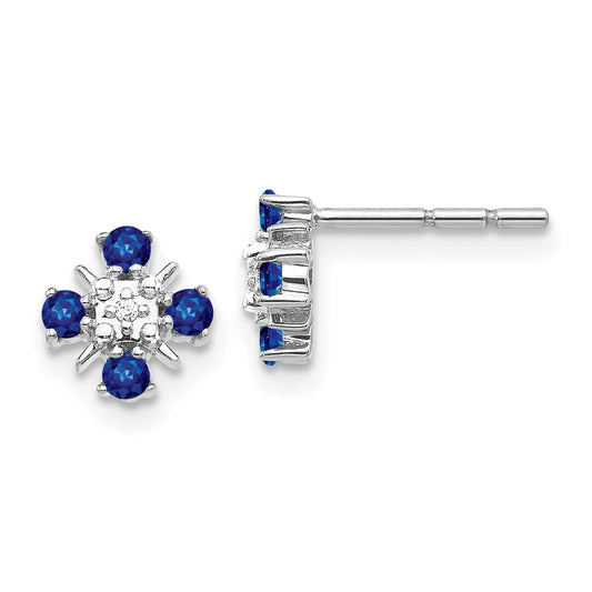 14k White Gold Blue Sapphire and Real Diamond Post Earrings