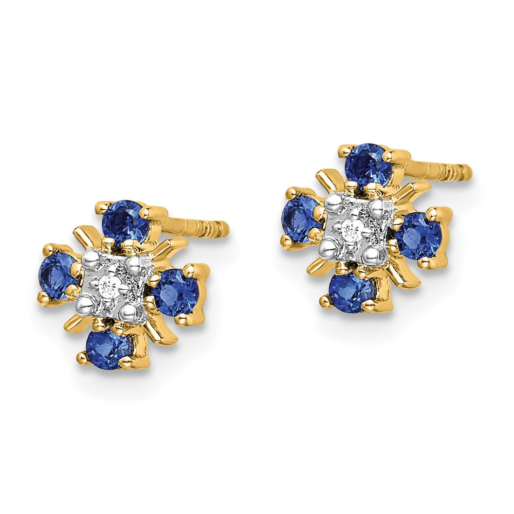 14k Yellow Gold Blue Sapphire and Real Diamond Post Earrings