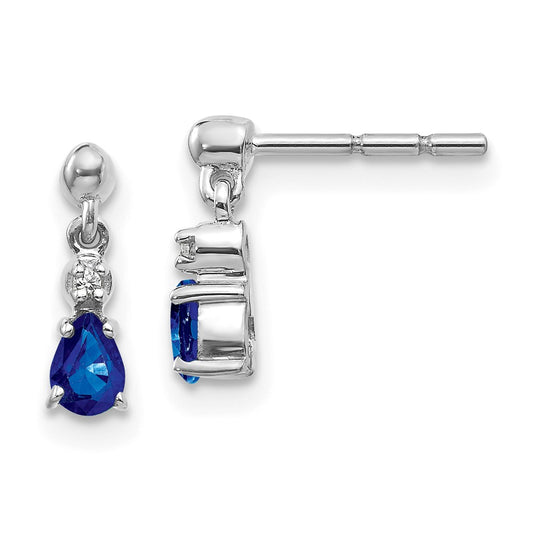 14k White Gold Blue Sapphire and Real Diamond Dangle Post Earrings